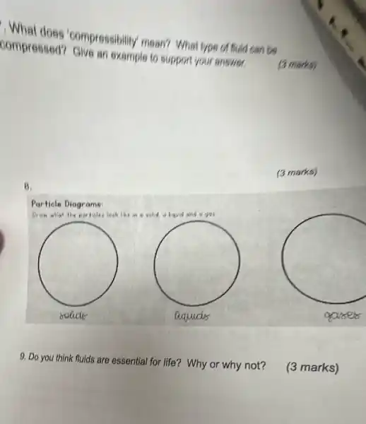 B.
compressed?Give an example to support your answer.
'compressibility mean? What type of fluid can be
(3 marks)
(3 marks)
Particle Diagrams
Dran what the porticles look like in a aslid, a hquid and
square 
square 
boade
square 
evquides
9. Do you think fluids are essential for life?Why or why not?
(3 marks)