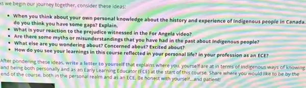 is we begin our journey together, consider these ideas:
When you think about your own personal knowledge about the history and experience of Indigenous people in Canada.
do you think you have some gaps? Explain.
What is your reaction to the prejudice witnessed in the For Angela video?
Are there some myths or misunderstandings that you have had in the past about Indigenous people?
What else are you wondering about? Concerned about?Excited about?
How do you see your learnings in this course reflected in your personal life? in your profession as an ECE?
After pondering these ideas write a letter to yourself that explains where you, yourself are at in terms of Indigenous ways of knowing
and as an Early Learning Educator (ECE) at the start of this course. Share where you would like to be by the
end of the course both in the personal realm and as an ECE. Be honest with yourself...and patient!