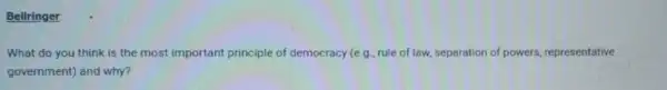 Bellringer
What do you think is the most important principle of democracy (e.g rule of law, separation of powers, representative
government) and why?