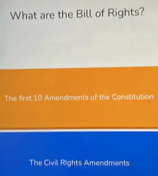 What are the Bill of Rights?
The first 10 Amendments of the Constitution