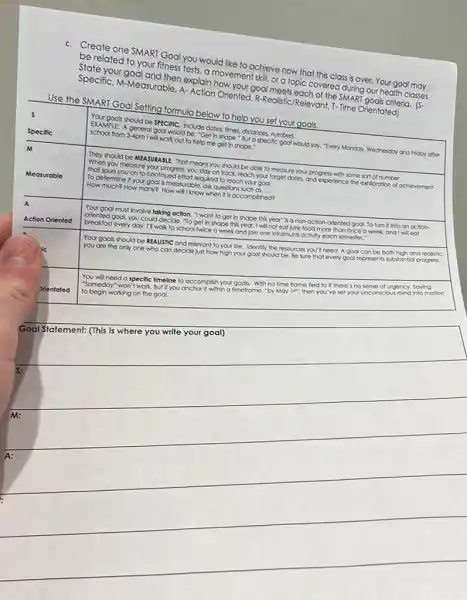 c. Create one SMART Goal you would like to achieve now that this class is over. Your goal may be related to your fitness tests, a movement skill, or a topic covered during our health classes. State your goal and then explain how your goal meets each of the SMART goals criteria. (Specific, M-Measurable, A- Action Oriented, Reakifcale/Relevant, I- Time Oriented)
Use the SMART Goal Setting formula below to help you set your goals.
Goal Statement: (This is where you write your goal)
A: