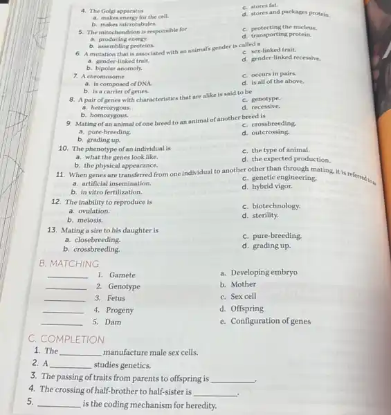 C. stores fat.
4. The Golgi apparatus
d. stores and packages protein.
a. makes energy for the cell.
b. makes microtubules.
5. The mitochondrion is responsible for
C. protecting the nucleus.
a. producing energy.
d. transporting protein.
b. assembling proteins.
C sex-linked trait.
6. A mutation that is associated with an animals gender is called a
d. gender-linked recessive,
a. gender-linked trait.
b. bipolar anomoly.
7. A chromosome
C. occurs in pairs.
a. is composed of DNA.
d. is all of the above.
b. is a carrier of genes.
8. A pair of genes with characteristics that are alike is said to be
C. genotype.
a. heterozygous.
d recessive.
b. homozygous.
9. Mating of an animal of one breed to an animal of another breed is
C. crossbreeding
a. pure-breeding.
d. outcrossing
b. grading up.
10. The phenotype of an individual is
C. the type of animal.
a. what the genes look like.
d. the expected production.
b. the physical appearance.
11. When genes are transferred from one individual to another other than through mating, it is referred to...
a. artificial insemination.
C. genetic engineering
b. in vitro fertilization.
d. hybrid vigor.
12. The inability to reproduce is
C. biotechnology.
a. ovulation
d. sterility.
b. meiosis.
13. Mating a sire to his daughter is
C. pure-breeding.
a. closebreeding
b. crossbreeding.
d. grading up.
B. MATCHING
__ 1. Gamete
__ 2. Genotype
__ 3. Fetus
__ 4. Progeny
__ 5. Dam
a. Developing embryo
b. Mother
C. Sex cell
d. Offspring
e. Configuration of genes
C. COMPLETION
1. The __ manufacture male sex cells.
2. A __ studies genetics.
3. The passing of traits from parents to offspring is __
.
4. The crossing of half-brother to half-sister is __
.
5.
__
is the coding mechanism for heredity.