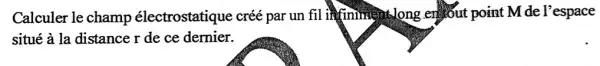 Calculer le champ électrostatique créé par un fil infining long engout point M de l'espace
situé à la distance r de ce dernier.