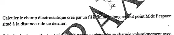 Calculer le champ électrostatique créé par un fil in infininaentlong , enjout point M de l'espace
situé à la distance r de ce dernier.