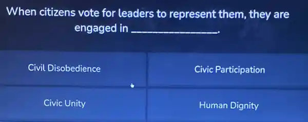 When citizens vote for leaders to represent them, they are
engaged in __
Civil Disobedience
Civic Participation
Civic Unity
Human Dignity