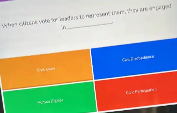 When citizens voto for leaders to represent them, they are engaged
in __
Civic Unity
Civil Disobedience
Human Dignity
Civic Participation