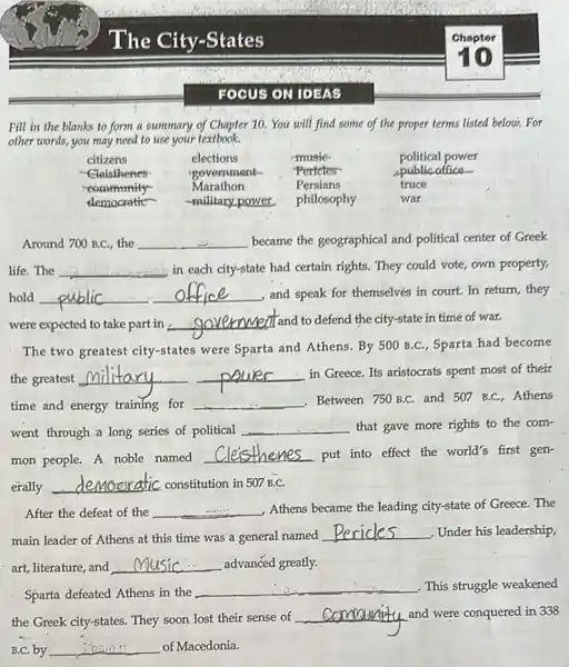 The City-States
Chapter
10
FOCUS ON IDEAS
Fill in the blanks to form a summary of Chapter 10. You will find some of the proper terms listed below. For other words, you may need to use your textbook.

 citizens & elections & music- & political power 
 }(l)
Cleisthenes 
communify- 
democratic
 & 
government 
Marathon 
-military power
 & 
Perdeters 
Persians 
philosophy
 & 
public office 
truce 
war
 


Around 700 B.C., the became the geographical and political center of Greek life. The in each city-state had certain rights. They could vote, own property, hold public office and speak for themselves in court. In return, they were expected to take part in governmert and to defend the city-state in time of war.
The two greatest city-states were Sparta and Athens. By 500 B.C., Sparta had become the greatest military. power in Greece. Its aristocrats spent most of their time and energy training for Between 750 B.C. and 507 B.C., Athens went through a long series of political that gave more rights to the common people. A noble named Cleisthenes put into effect the world's first generally democratic constitution in 507 B.C.
After the defeat of the Athens became the leading city-state of Greece. The main leader of Athens at this time was a general named Pericles . Under his leadership, art, literature, and Music advanced greatly.
Sparta defeated Athens in the . This struggle weakened the Greek city-states. They soon lost their sense of Community and were conquered in 338 B.C. by of Macedonia.