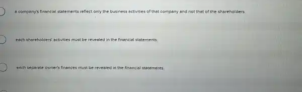 a company's financial sta statements reflect only the business activities of that company and not that of the shareholders.
each shareholders' activities must be revealed in the financial statements.
each separate owner's finances must be revealed in the financial statements.