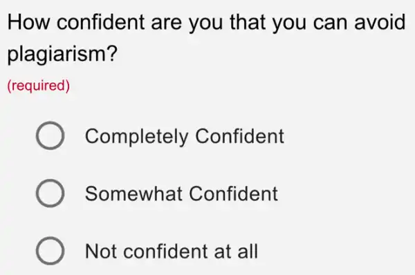 How confident are you that you can avoid
plagiarism?
(required)
Completely Confident
Somewhat Confident
Not confident at all