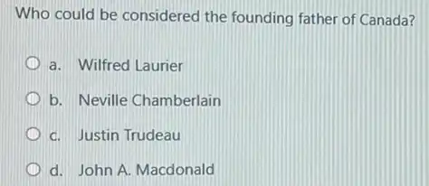 Who could be considered the founding father of Canada?
a. Wilfred Laurier
b. Neville Chamberlain
C. Justin Trudeau
d. John A. Macdonald