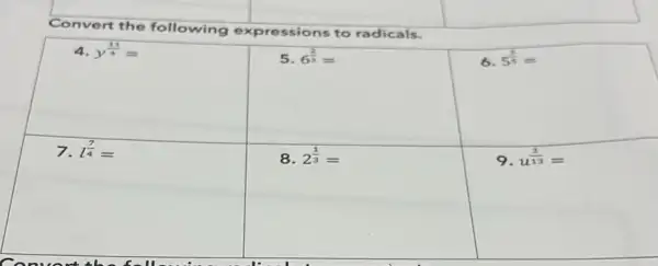 Convert the following expressions to radicals.
4. y^(12)/(4)= 
5. 6^(2)/(3)= 
6. 5^(2)/(5)= 
7. 1^(7)/(4)= 
8. 2^(1)/(3)= 
9. u^(3)/(13)=