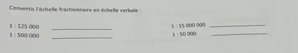 Convertis l'échelle fractionnaire en échelle verbale:
1:125000 __
1:15000000 __
1:500000 __
1:50000 __