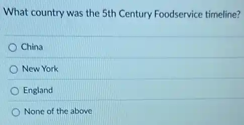 What country was the 5th Century Foodservice timeline?
China
New York
England
None of the above