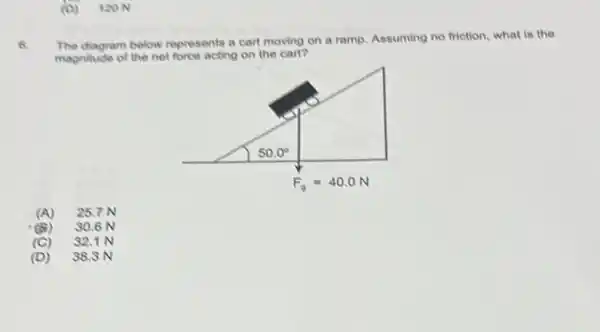 (D) 120 N
6. The diagram below represents a cart moving on a ramp, Assuming no friction, what is the
magnitude of the net force acting on the cart?
(A) 25.7 N
(8) 30.6 N
(C) 32.1 N
(D) 38.3 N