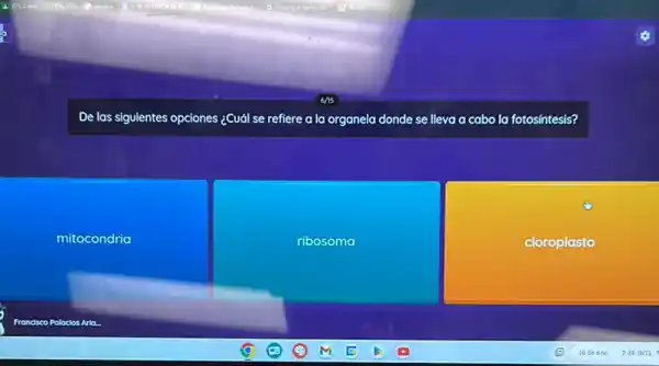 De las siguientes opciones ¿Cuál se refiere a la organela donde se lleva a cabo la fotosintesis?
mitocondria
ribosoma
cloroplasto