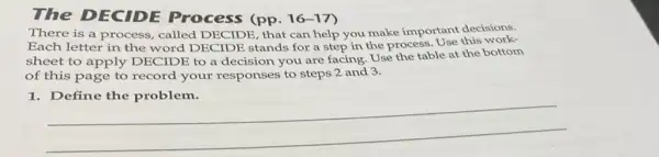 The DECIDE Process (pp. 16-17
There is a process , called DECIDE, that can help you make important decisions.
Each letter in the word DECIDE stands for a step in the process. Use this work-
sheet to apply DECIDE to a decision you are facing. Use the table at the bottom
of this page to record your responses to steps 2 and 3.
1
__