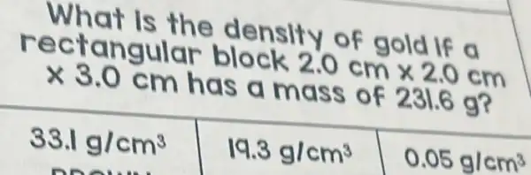 What is the density of gold If a
rectangular block 2.0cmtimes 2.0cm
times 3.0cm has a mass of 231.6 g?
33.1g/cm^3
19.3g/cm^3
0.05g/cm^3