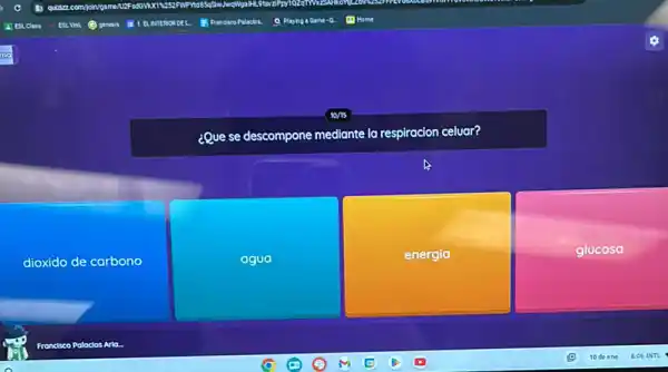 dioxido de carbono
10/15
descompone mediante la respiracion celuar?
agua
energia
glucosa