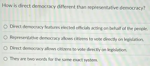 How is direct democracy different than representative democracy?
Direct democracy features elected officials acting on behalf of the people.
Representative democracy allows citizens to vote directly on legislation.
Direct democracy allows citizens to vote directly on legislation.
They are two words for the same exact system.