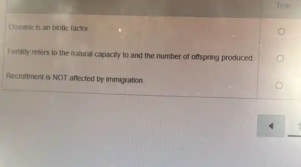 Disease is an biotic factor
Fertility refers to the natural capacity to and the number of offspring produced
Recruitment is NOT affected by immigration.