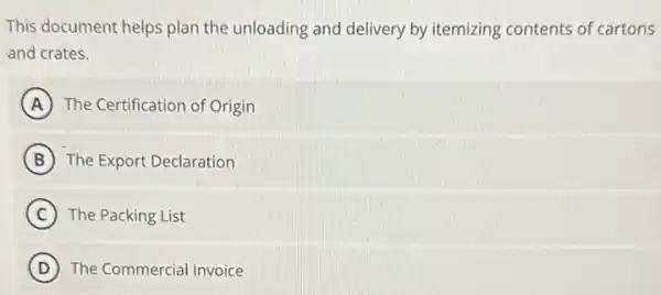 This document helps plan the unloading and delivery by itemizing contents of cartons
and crates.
A The Certification of Origin
B The Export Declaration
C The Packing List
D The Commercial Invoice