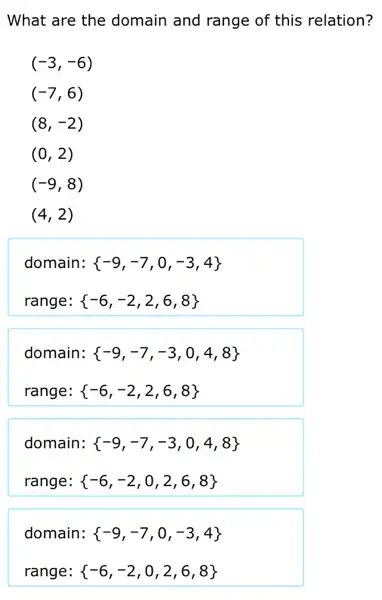 What are the domain and range of this relation?
(-7,6)
(8,-2)
(0,2)
(-9,8)
(4,2)
domain:  -9,-7,0,-3,4 
range:  -6,-2,2,6,8 
domain:  -9,-7,-3,0,4,8 
range:  -6,-2,2,6,8 
domain:  -9,-7,-3,0,4,8 
range:  -6,-2,0,2,6,8 
domain:  -9,-7,0,-3,4 
range:  -6,-2,0,2,6,8