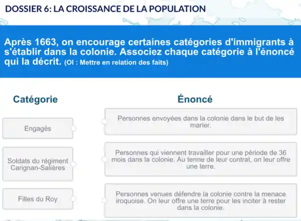 DOSSIER 6: LA CROISSANCE DE LA POPULATION
Après 1663, on encourage certaines catégories d'immigrants à
s'établir dans la colonie. Associez chaque catégorie à l'énoncé
qui la décrit. (0I : Mettre en relation des faits)
Catégorie
Engagés
Soldats du régiment
Carignan-Salières
Filles du Roy
Énoncé
Personnes envoyées dans la colonie dans le but de les
marier.
Personnes qui viennent travailler pour une période de 36
mois dans la colonie . Au terme de leur contrat, on leur offre
une terre.
Personnes venues défendre la colonie contre la menace
iroquoise.On leur offre une terre pour les inciter à rester
dans la colonie.