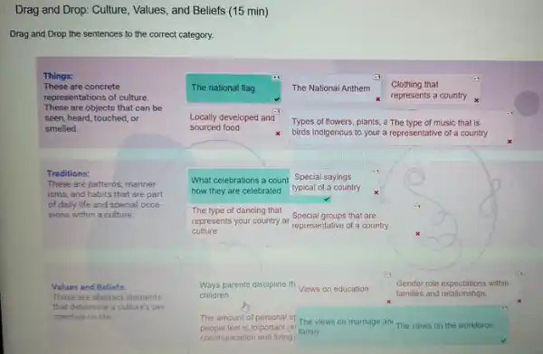 Drag and Drop: Culture Values, and Beliefs (15 min)
Drag and Drop the sentences to the correct category.
The national flag
The National Anthem
Clothing that
represents a country
Things:
These are concrete
representations of culture.
These are objects that can be
seen, heard, touched, or
smelled.
Locally developed and
sourced food
Types of flowers, plants a The type of music that is
birds indigenous to your a representative of a country
Traditions:
These are patterns, manner
isms, and habits that are part
of daily life and special occa-
sions within a culture.
What celebrations a count
how they are celebrated
The type of dancing that
represents your country ar
culture
Values and Beliefs:
These are abstract elements
that determine a culture'per
spective on life
Ways parents discipline th
children
Views on education
Gender role expectations within
families and relationships
people feel is important (in family
communication and living)
The amount of personal SThe views on marriage an! The views on the workforce