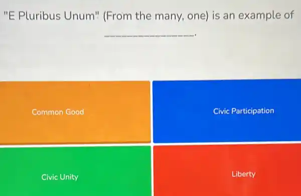 ''E Pluribus Unum'(From the many,one) is an example of
__
Common Good
Civic Participation
Civic Unity
Liberty