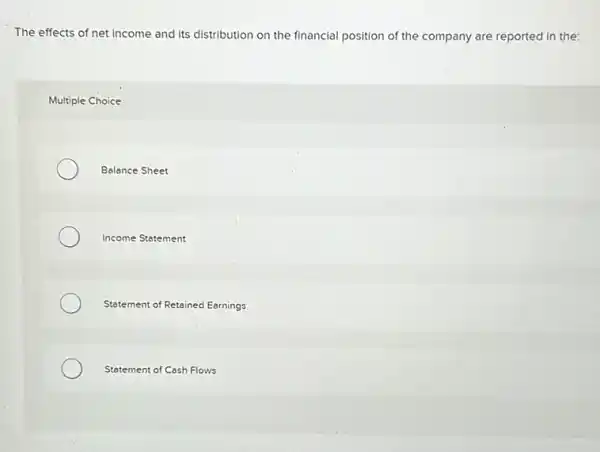 The effects of net income and its distribution on the financial position of the company are reported in the:
Multiple Choice
Balance Sheet
Income Statement
Statement of Retained Earnings
Statement of Cash Flows