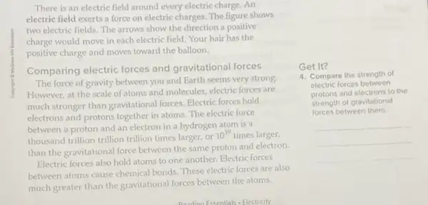 There is an electric field around every electric charge.An
electric field exerts a force on electric charges The figure shows
two electric fields. The arrows show the direction a positive
charge would move in each electric field. Your hair has the
positive charge and moves toward the balloon.
Comparing electric forces and gravitational forces
The force of gravity between you and Earth seems very strong
However, at the scale of atoms and molecules electric forces are
much stronger than gravitational forces. Electric forces hold
electrons and protons together in atoms. The electric force
between a proton and an electron in a hydrogen atom is a
thousand trillion trillion trillion times larger, or
10^39 times larger,
than the gravitational force between the same proton and electron.
Electric forces also hold atoms to one another.Electric forces
between atoms cause chemical bonds. These electric forces are also
much greater than the gravitational forces between the atoms.
Deading Essentials - Electricity
Get It?
4. Compare the strength of
electric forces between
protons and electrons 10 the
strength of gravitational
forces between them.
__
__
__