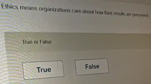 Ethics means organizations care about how their results are petceived
True or False
True
False