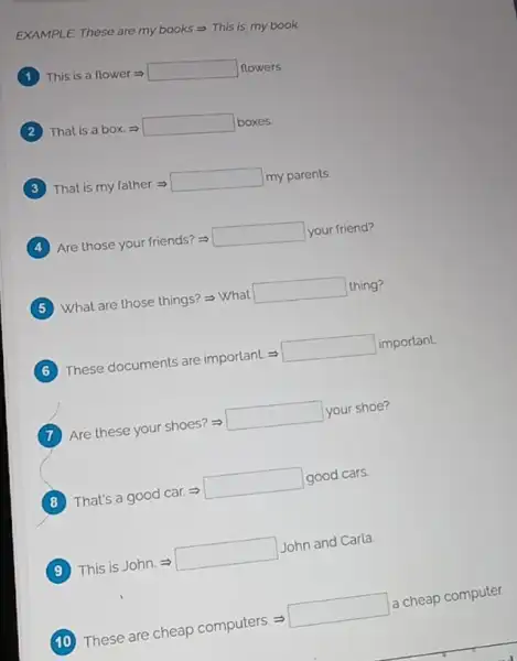 EXAMPLE These are my books = Thisis my book
This is a nower Longrightarrow fowers
That is abox.Longrightarrow boxes
That is my father Longrightarrow myparents
Are those your friends?- square  your friend?
What are those things?-What square  thing?
These documents are important Longrightarrow important
Are these your shoes?=3 square  your shoe?
B
That's a good car:Longrightarrow good cars.
This is John.Longrightarrow John
John and Carla
(10) These are cheap computers. =
a cheap computer.
