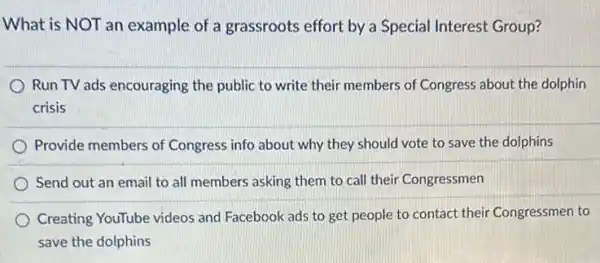 What is NOT an example of a grassroots effort by a Special Interest Group?
Run TV ads encouraging the public to write their members of Congress about the dolphin
crisis
Provide members of Congress info about why they should vote to save the dolphins
Send out an email to all members asking them to call their Congressmen
Creating YouTube videos and Facebook ads to get people to contact their Congressmen to
save the dolphins