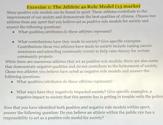 Exercise 1: The Athlete as Role Model (15 marks)
Many positive role models can be found in sport. These athletes contribute to the
improvement of our society and demonstrate the best qualities of citizens. Choose two
athletes from any sport that you believe act as positive role models for society and
answer the following questions:
- What qualities/attributes do these athletes represent?
What contributions have they made to society? Give specific examples.
Contributions these two athletes have made to society include raising cancer
awareness and attending community events to help raise money for certain
community projects
While there are numerous athletes that act as positive role models, there are also some
that demonstrate negative qualities and do not contribute to the betterment of society.
Chose two athletes you believe have acted as negative role models and answer the
following questions:
- What qualities/attributes do these athletes represent?
What ways have they negatively impacted society? Give specific examples. a
negative impact to society that this person has is getting in trouble with the police
Now that you have identified both positive and negative role models within sport,
answer the following question:Do you believe an athlete within the public eye has a
responsibility to act as a positive role model for society?