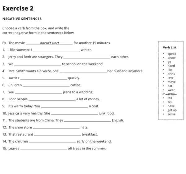 Exercise 2
NEGATIVE SENTENCES
Choose a verb from the box, and write the
correct negative form in the sentences below.
Ex. The movie __ for another 15 minutes. __	__
1. I like summer. I __ winter.
2. Jerry and Beth are strangers. They __ each other.
3. We __ to school on the weekend.
4. Mrs. Smith wants a divorce. She __ her husband anymore.
5. Turtles __ quickly.
6. Children __ coffee.
7. You __ jeans to a wedding.
8. Poor people __ , a lot of money.
9. It's warm today.. You __ a coat.
10. Jessica is very healthy. She __ junk food.
11. The students are from China. They __ English.
12. The shoe store __ hats.
13. That restaurant __ breakfast.
14. The children __ early on the weekend.
15. Leaves __ off trees in the summer.
Verb List:
speak
know
go
need
like
drink
love
move
eat
wear
start
fall
sell
have
get up
serve