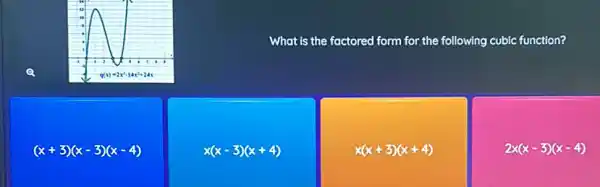 What is the factored form for the following cubic function?
Q
(x+3)(x-3)(x-4)
x(x-3)(x+4)
x(x+3)(x+4)
2x(x-3)(x-4)