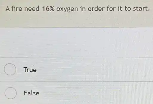 A fire need 16%  oxygen in order for it to start.
True
False