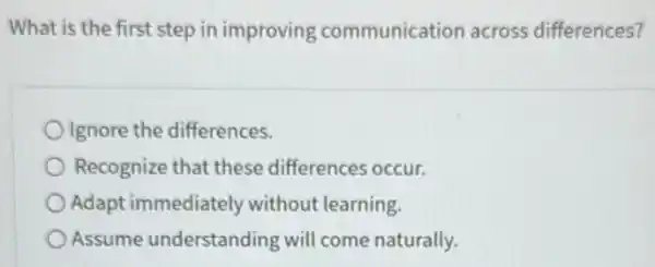 What is the first step in improving communication across differences?
Ignore the differences.
Recognize that these differences occur.
Adapt immediately without learning.
Assume understanding will come naturally.