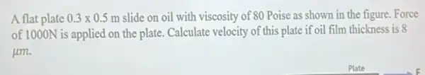 A flat plate 0.3times 0.5m slide on oil with viscosity of 80 Poise as shown in the figure Force
of 1000N is applied on the plate. Calculate velocity of this plate if oil film thickness is 8
mu m.