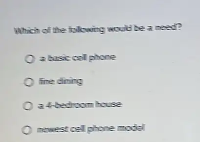 Which of the folcwing would be a need?
a basic cell phone
fine dining
a-b-bedroom house
newest cell phone model