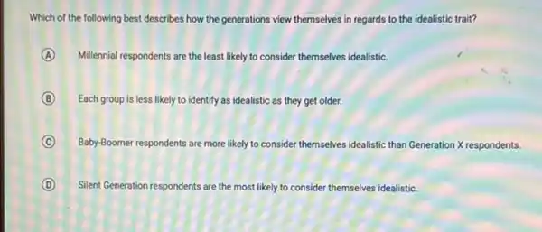 Which of the following best describes how the generations view themselves in regards to the idealistic trait?
A Millennial respondents are the least likely to consider themselves idealistic.
B Each group is less likely to identify as idealistic as they get older.
C Baby-Boomer respondents are more likely to consider themselves idealistic than Generation X respondents.
D Silent Generation res respondents are the most st likely to consider themselves idealistic.