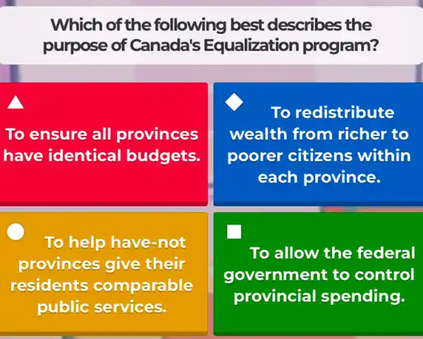 Which of the following best describes the
purpose of Canada's Equalizatior program?
To ensure all provinces
have identical budgets.
To redistribute
wealth from richer to
poorer citizens within
each province.
To help have-not
provinces give their
residents comparable
public services.
To allow the federal
government to control
provincial spending.