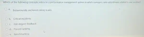 Which of the following concepts refers to a performance management system in which managers rank subordinates relative to one another?
a. Behaviourally anchored rating scales
b. Critical incidents
c. 360-degree feedback
d. Forced ranking
e. Benchmarking