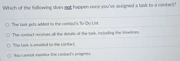 Which of the following does not happen once you've assigned a task to a contact?
The task gets added to the contact's To Do List.
The contact receives all the details of the task, including the timelines.
The task is emailed to the contact.
You cannot monitor the contact's progress.