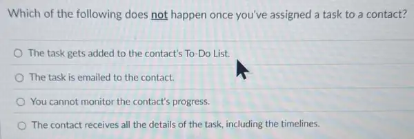 Which of the following does not happen once you've assigned a task to a contact?
The task gets added to the contact's To -Do List.
The task is emailed to the contact.
You cannot monitor the contact's progress.
The contact receives all the details of the task, including the timelines.