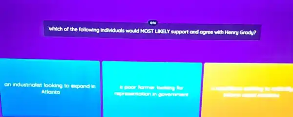 Which of the following Individuals
agree with Henry Grody?
an industrialist looking to expond in
Atlonto
representation in government