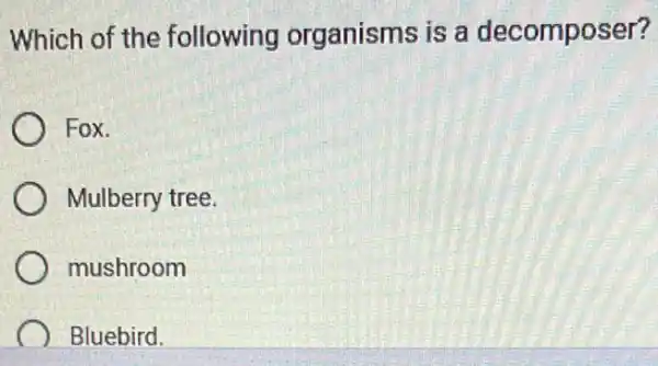 Which of the following organisms is a decomposer?
Fox.
Mulberry tree
mushroom
Bluebird.