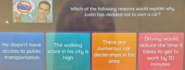 Which of the following reasons would explain why
Justin has decided not to own a car?
He doesn't have
access to public
transportation
The walking
score in his city is
high
There are
numerous car
dealerships in his
area
Driving would
reduce the time it
takes to get to
work by 30
minutes