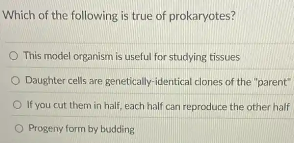 Which of the following is true of prokaryotes?
This model organism is useful for studying tissues
Daughter cells are genetically-identical clones of the "parent"
If you cut them in half, each half can reproduce the other half
Progeny form by budding